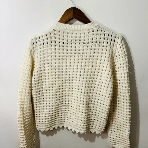 Vintage Inspired Classic Woman's Cream Embroidered Openwork Knit Cardigan - Picture 3 of 9
